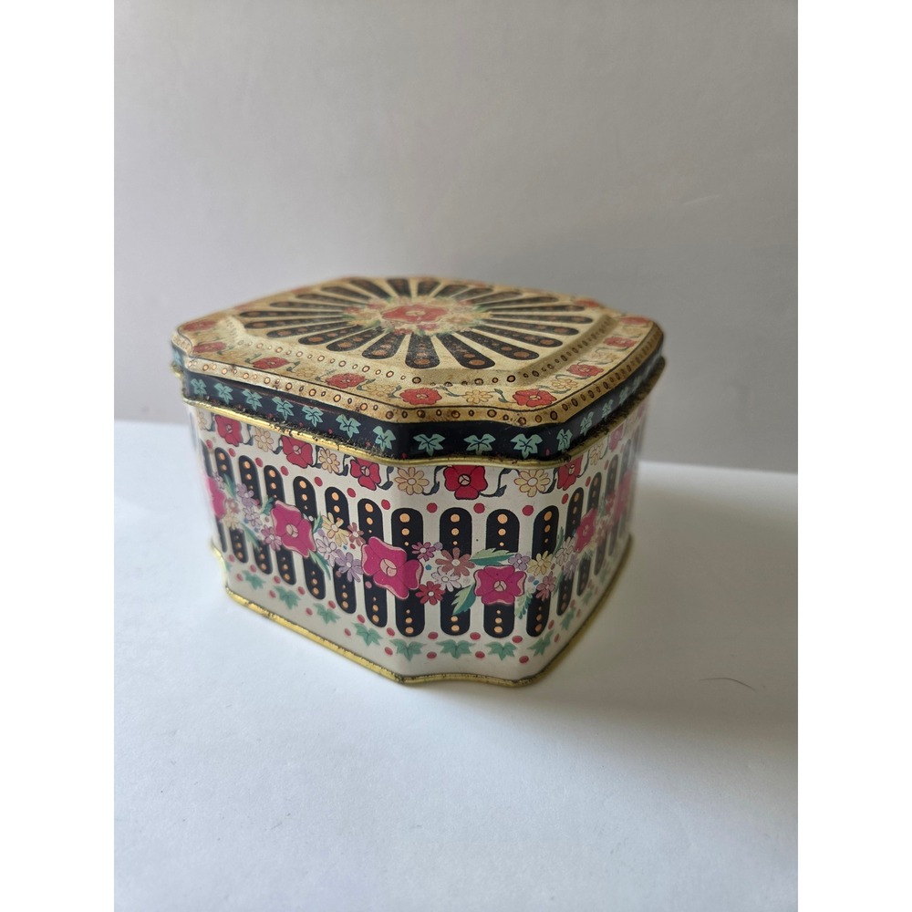 Vintage Meister Brazil Octagonal Floral Candy Tin Decorative Metal Box 12oz